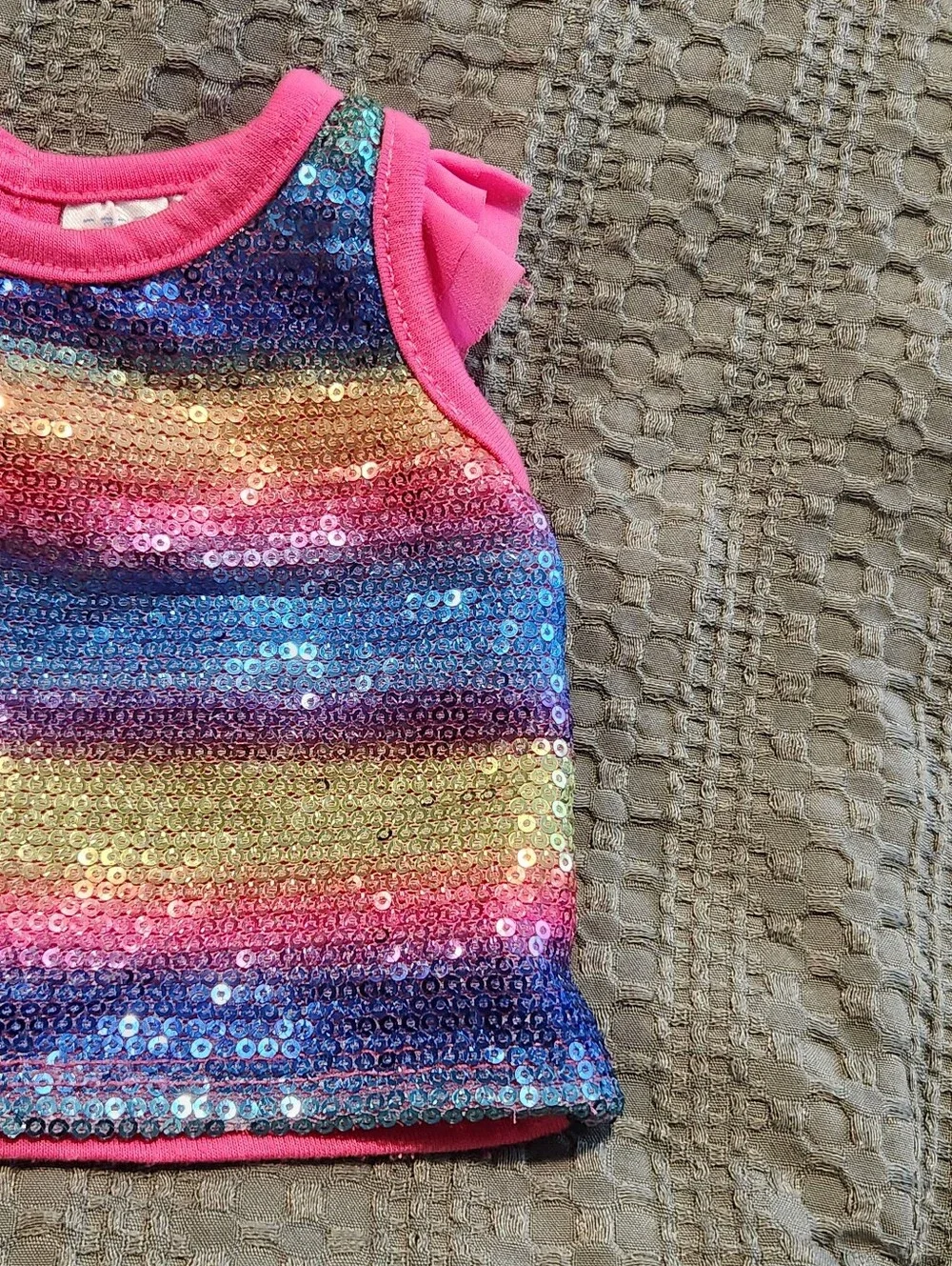 BABW Build A Bear Workshop Pink Rainbow Shimmer Top Shirt Tulle Ruffle Sleeve